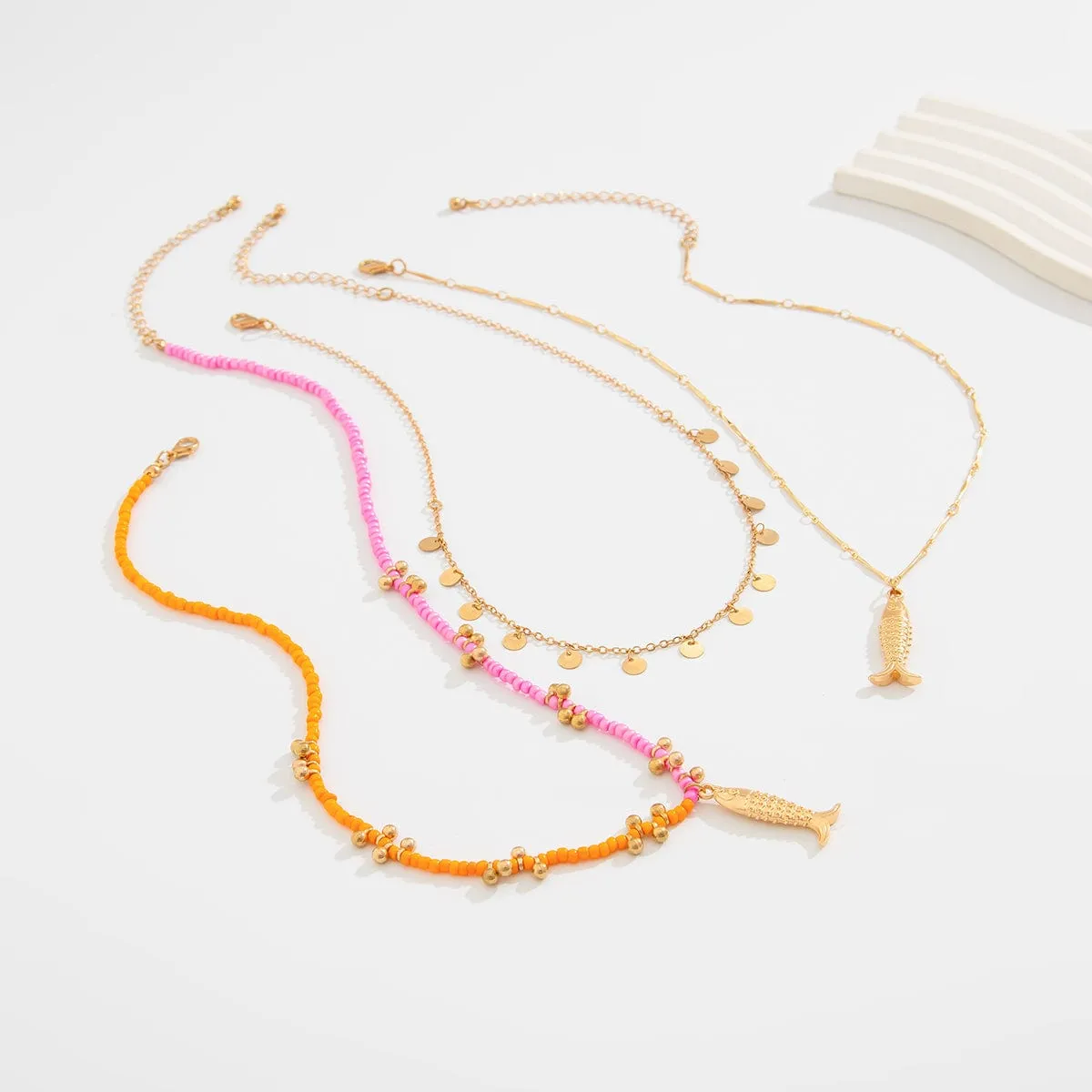 Chic Layered Fish Pendant Sequin Tassel Seed Beaded Necklace Set