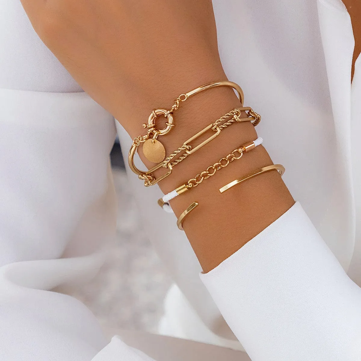 Chic Layered Knotted String Round Disk Cable Chain Bangle Bracelet Set