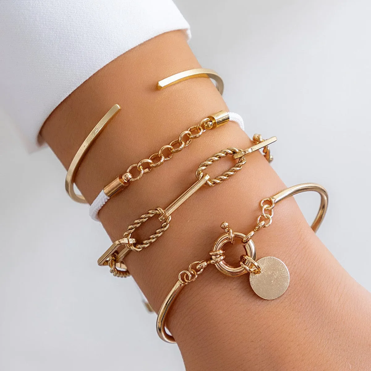 Chic Layered Knotted String Round Disk Cable Chain Bangle Bracelet Set