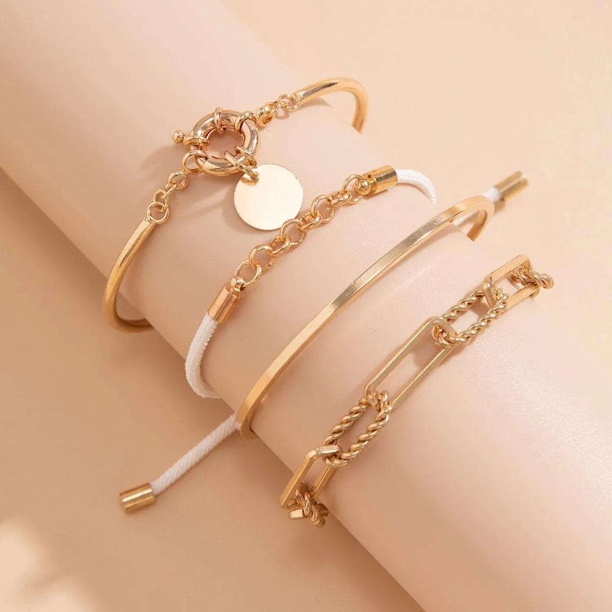 Chic Layered Knotted String Round Disk Cable Chain Bangle Bracelet Set