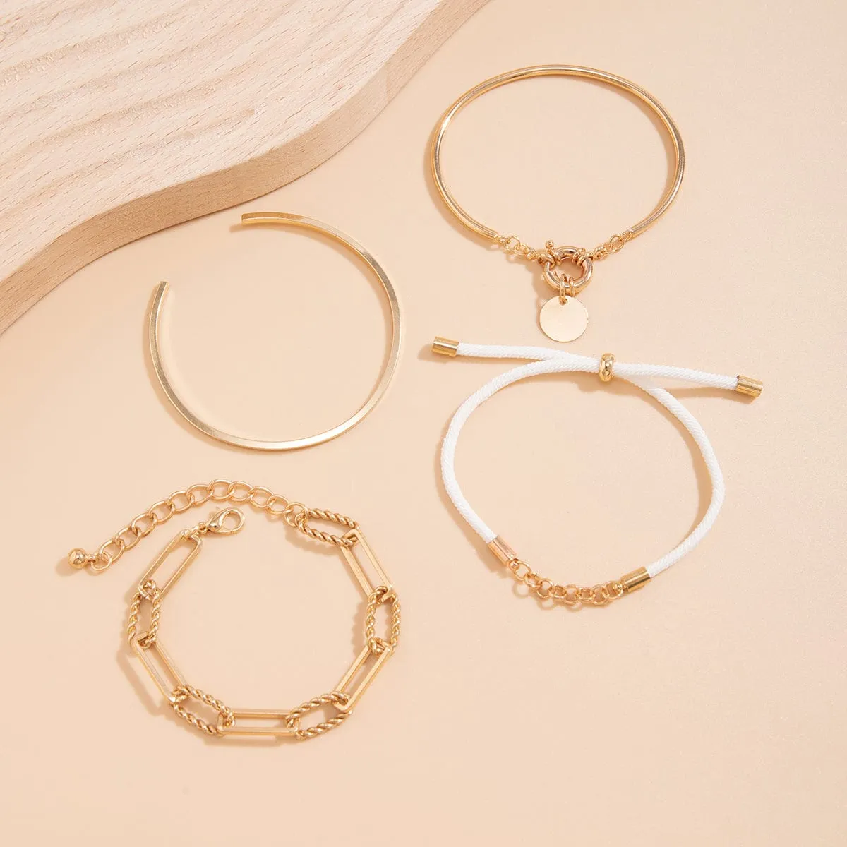 Chic Layered Knotted String Round Disk Cable Chain Bangle Bracelet Set