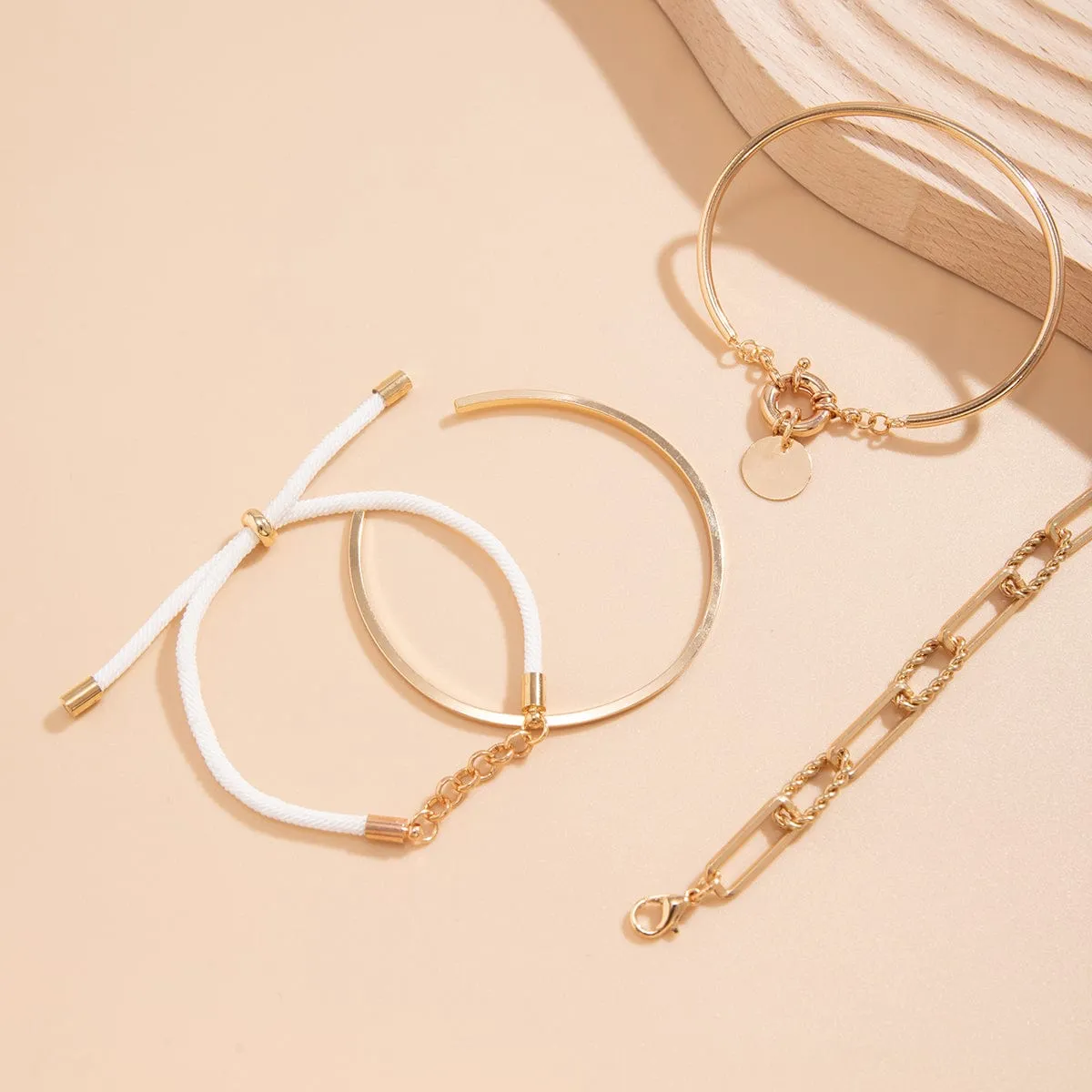 Chic Layered Knotted String Round Disk Cable Chain Bangle Bracelet Set