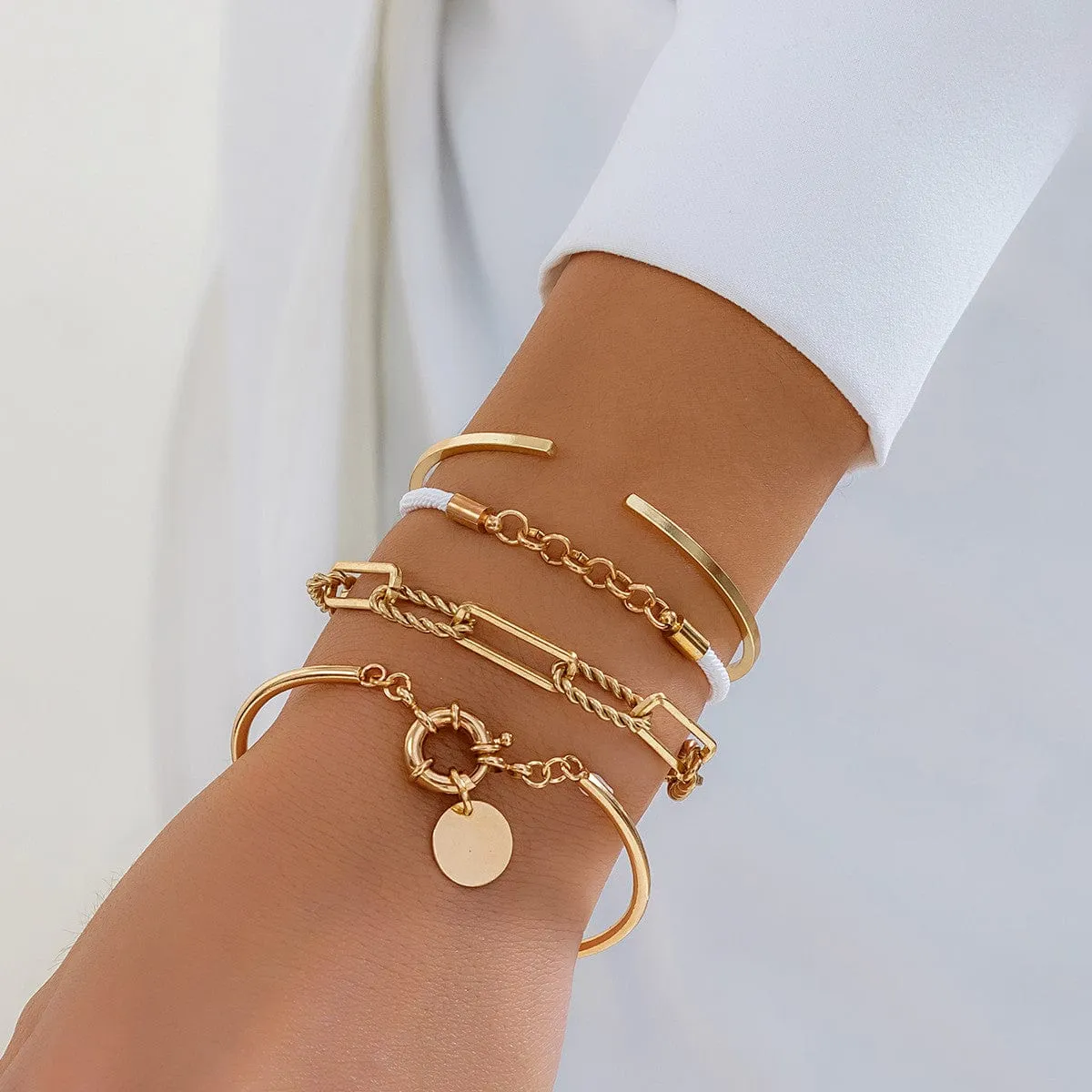 Chic Layered Knotted String Round Disk Cable Chain Bangle Bracelet Set