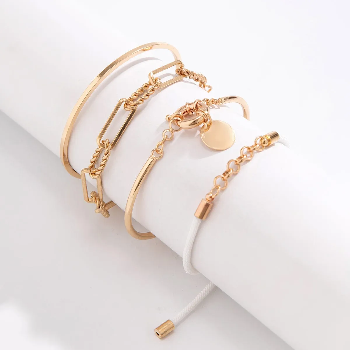 Chic Layered Knotted String Round Disk Cable Chain Bangle Bracelet Set