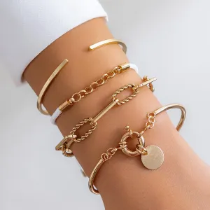 Chic Layered Knotted String Round Disk Cable Chain Bangle Bracelet Set