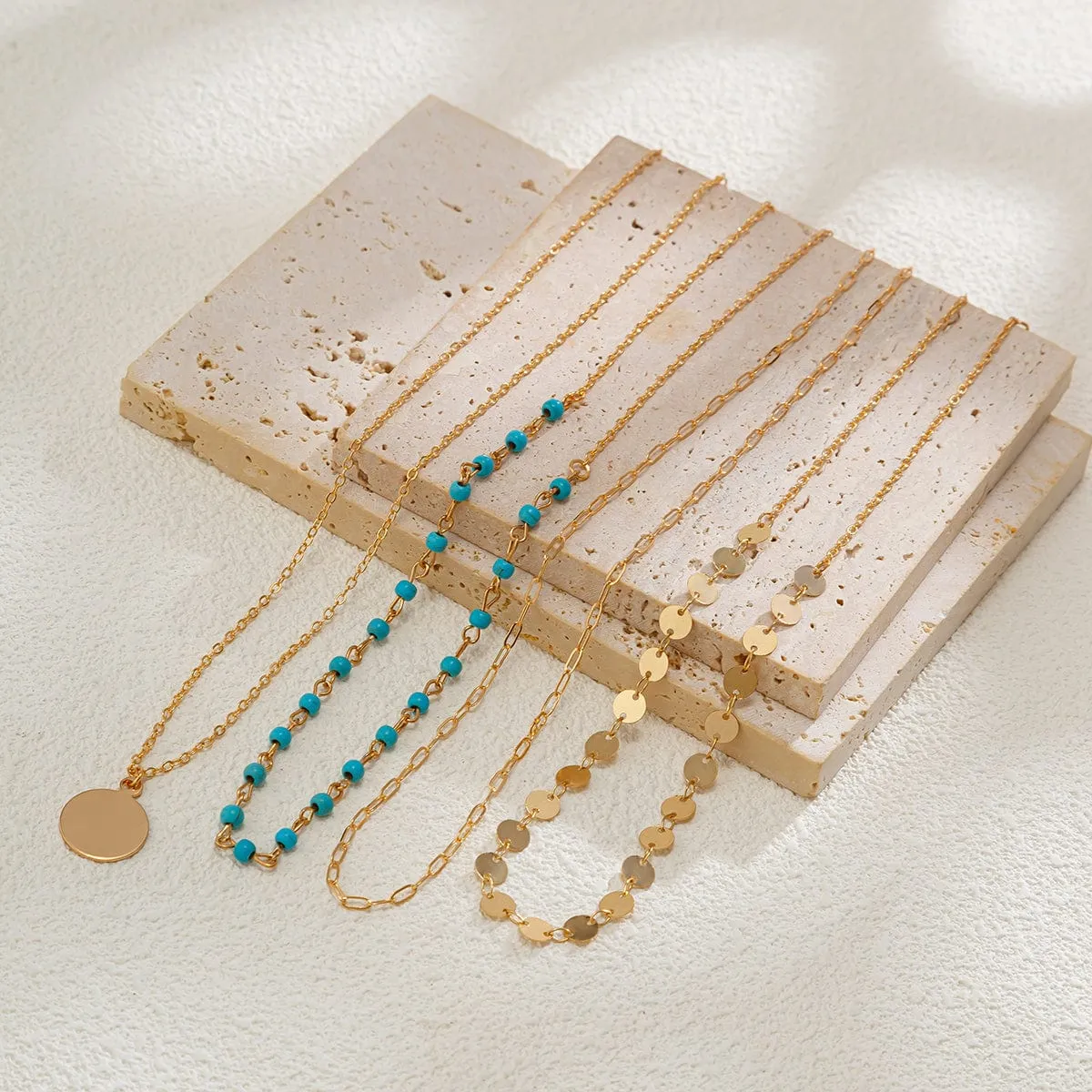 Chic Layered Round Disk Pendant Turquoise Chain Necklace Set
