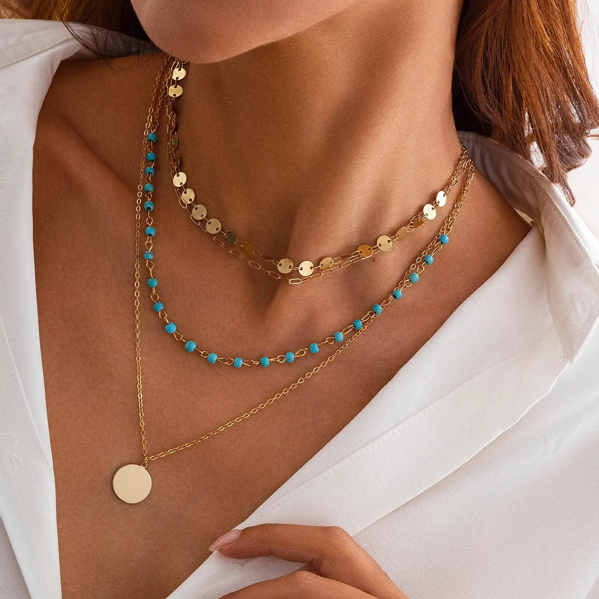 Chic Layered Round Disk Pendant Turquoise Chain Necklace Set