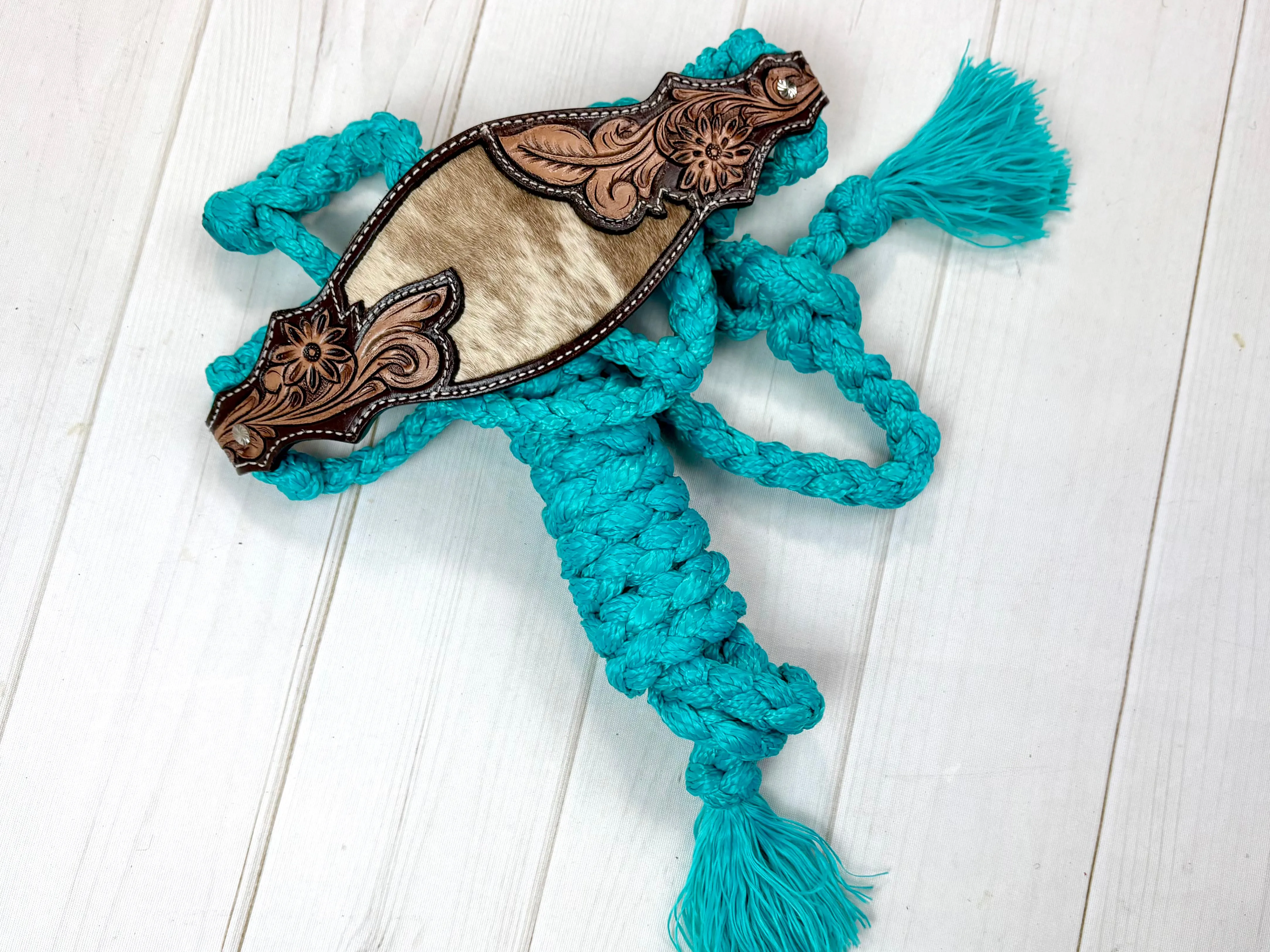 Cowhide Floral Leather Tooled Band Halter on Turquoise Nylon Muletape