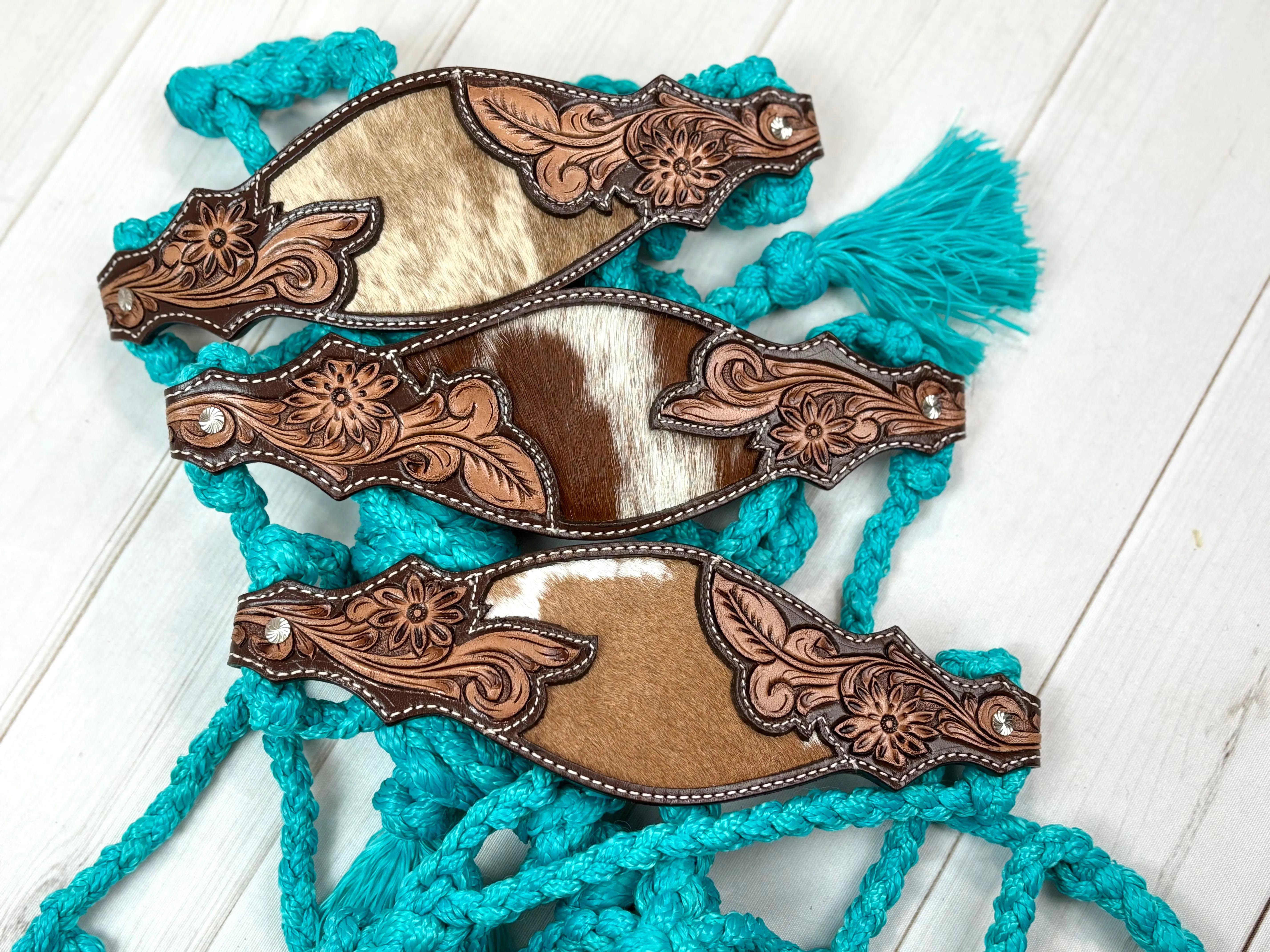 Cowhide Floral Leather Tooled Band Halter on Turquoise Nylon Muletape