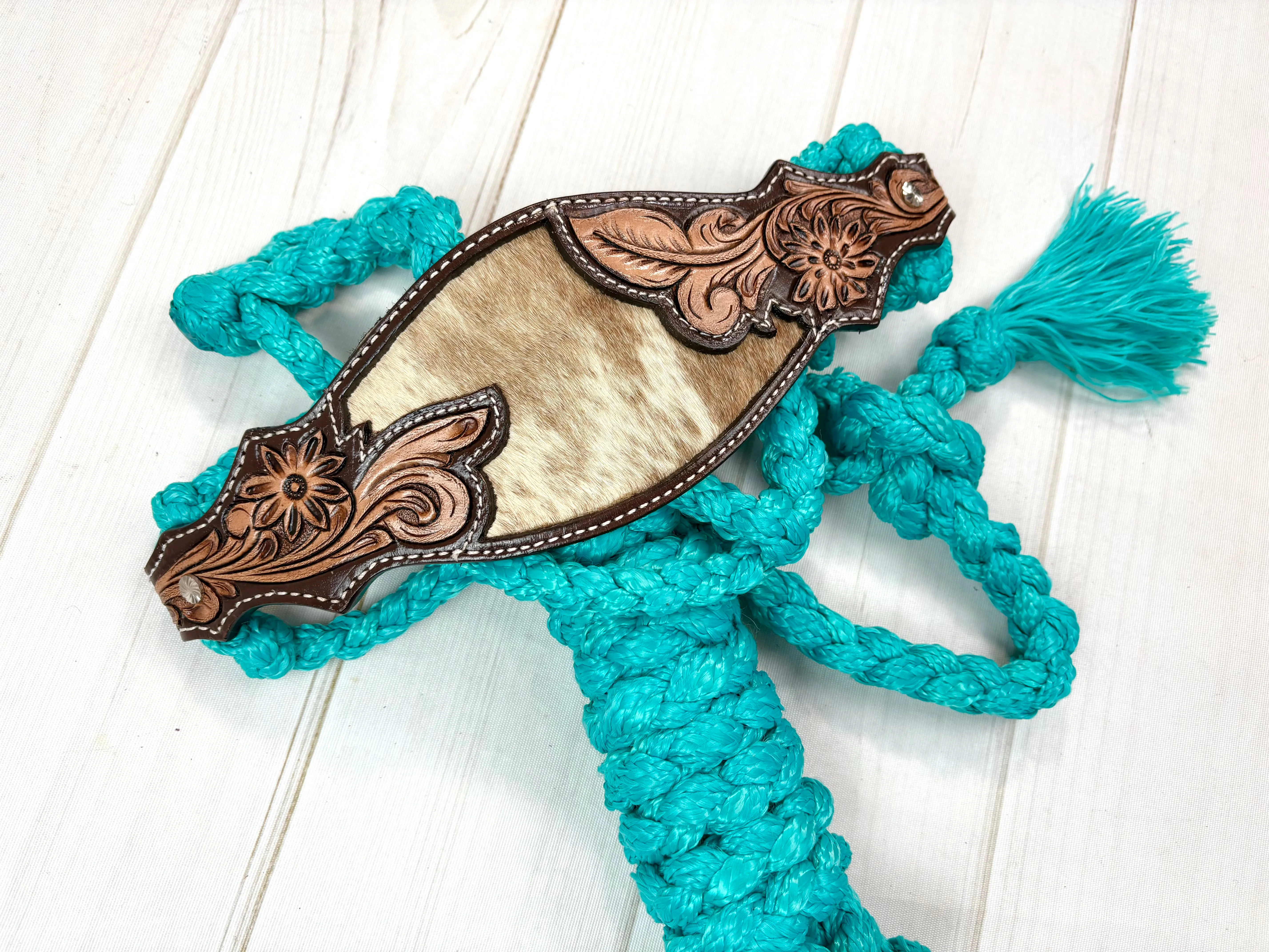 Cowhide Floral Leather Tooled Band Halter on Turquoise Nylon Muletape