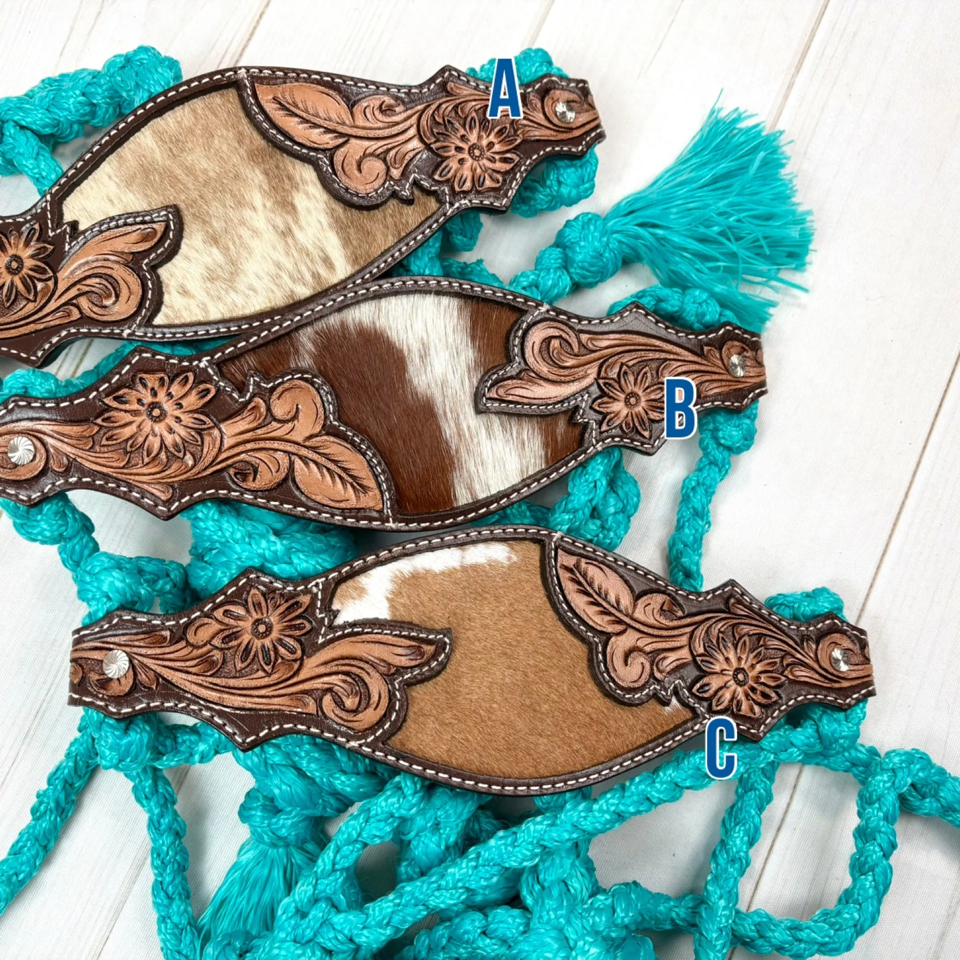 Cowhide Floral Leather Tooled Band Halter on Turquoise Nylon Muletape