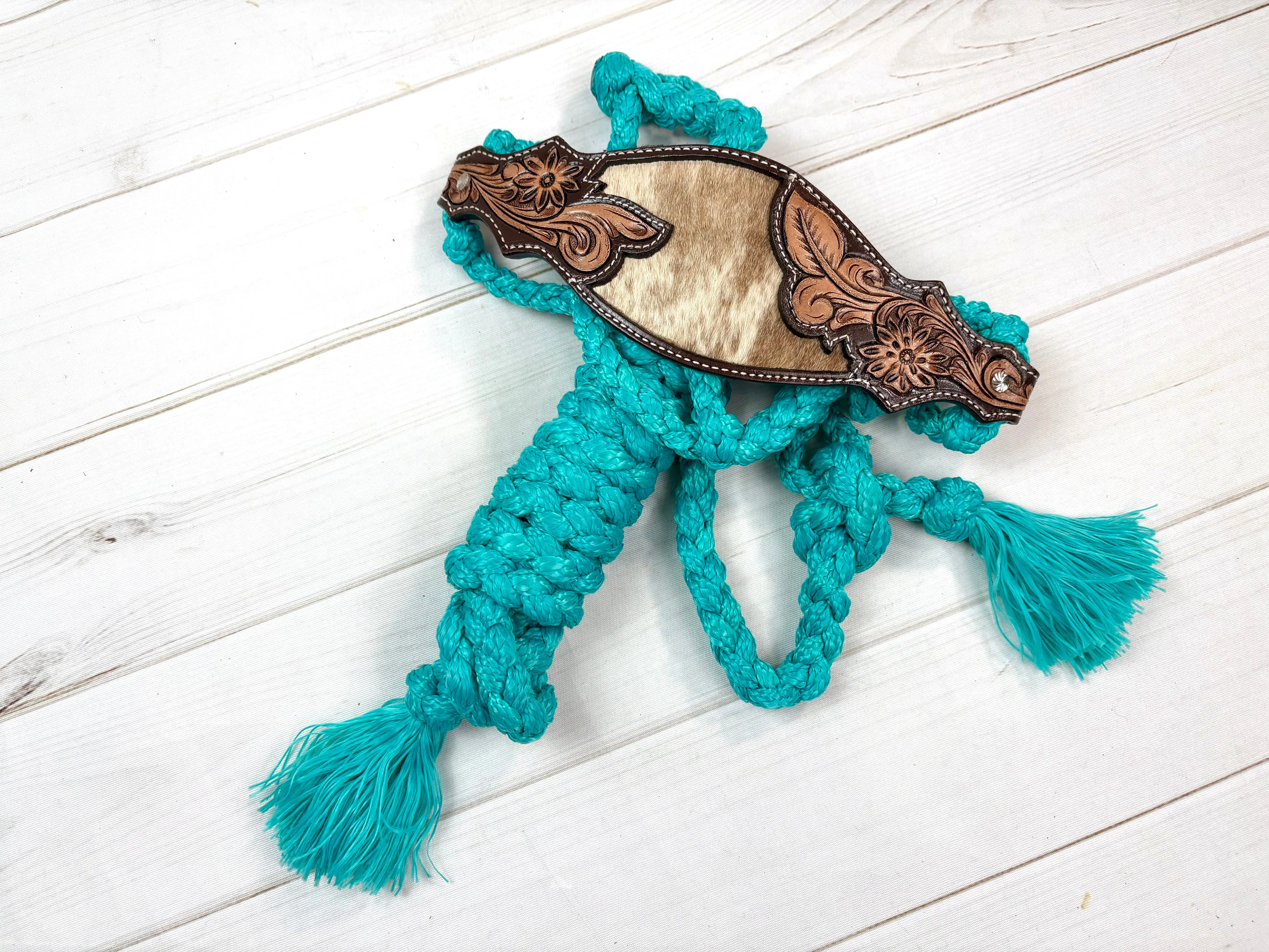 Cowhide Floral Leather Tooled Band Halter on Turquoise Nylon Muletape