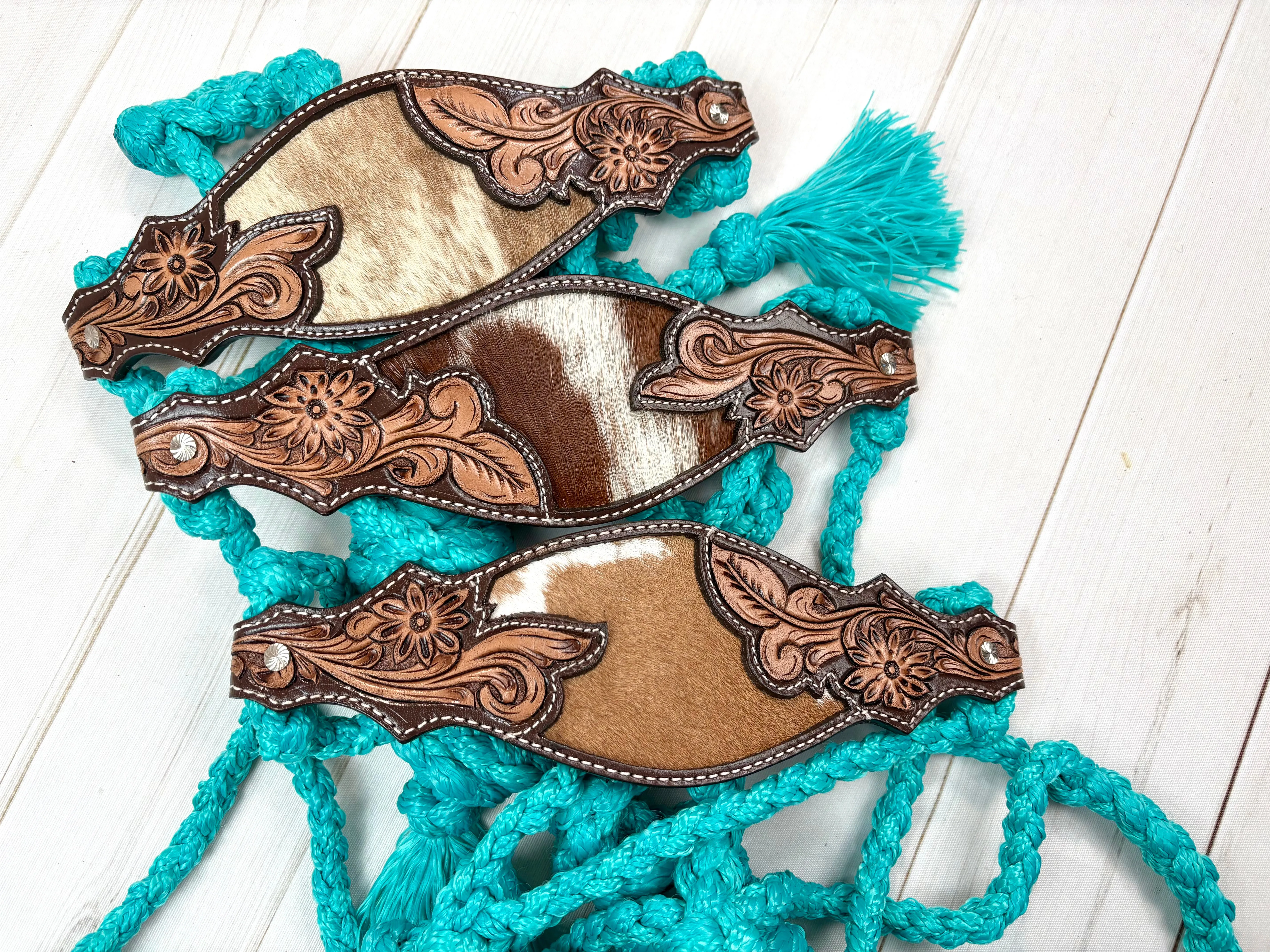 Cowhide Floral Leather Tooled Band Halter on Turquoise Nylon Muletape