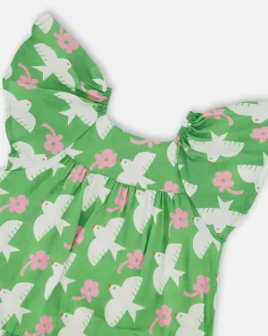 Deux Par Deux Dove Print Dress with Flounce Sleeves