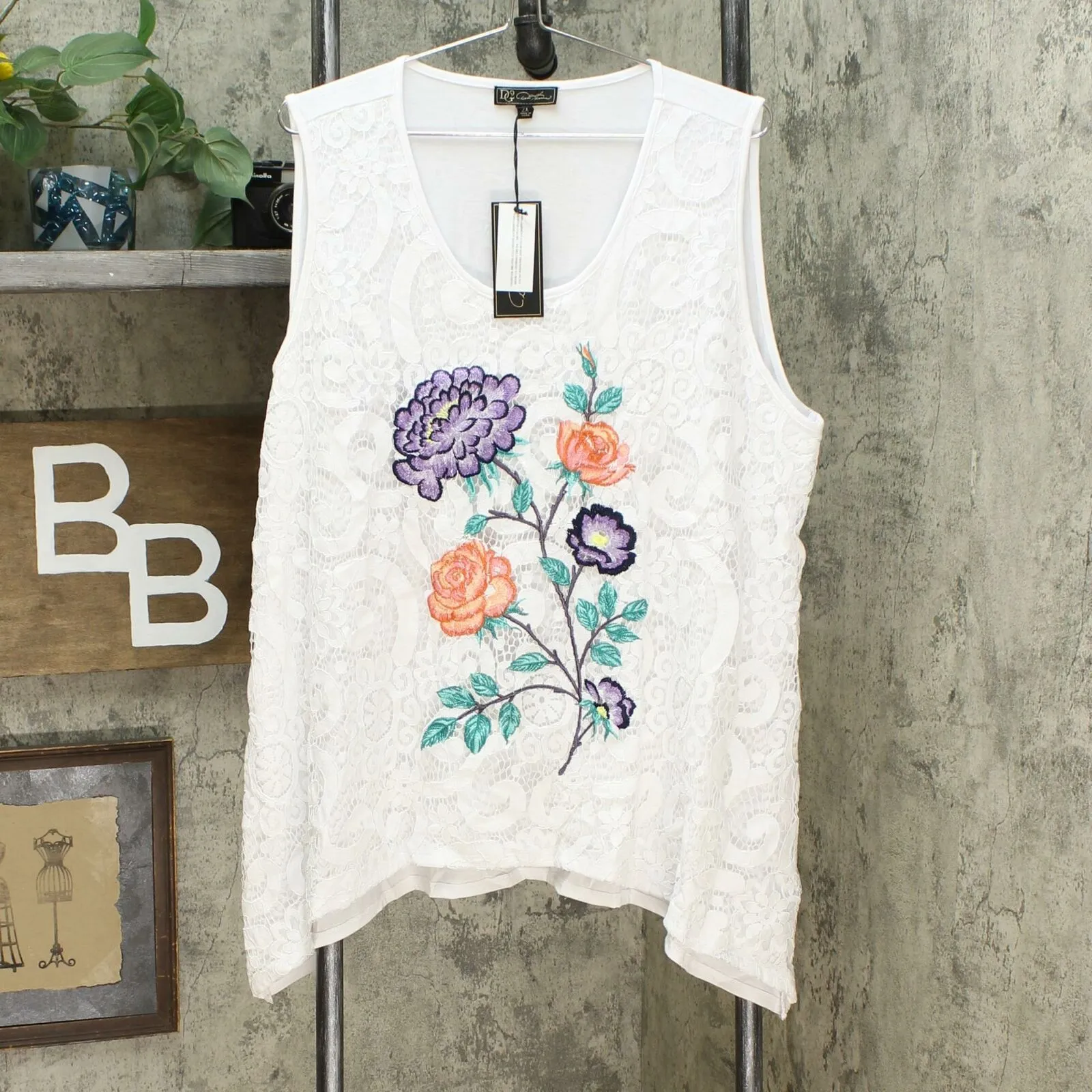 DG2 by Diane Gilman Women's Plus Size Embroidered Lace Front Tank Top