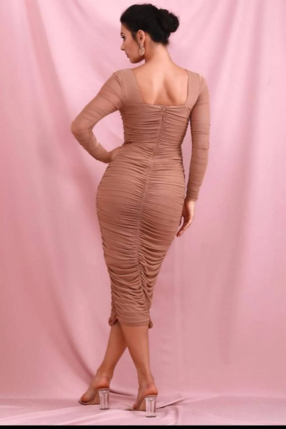 Elastic Mesh Long Sleeve Dress - Nude