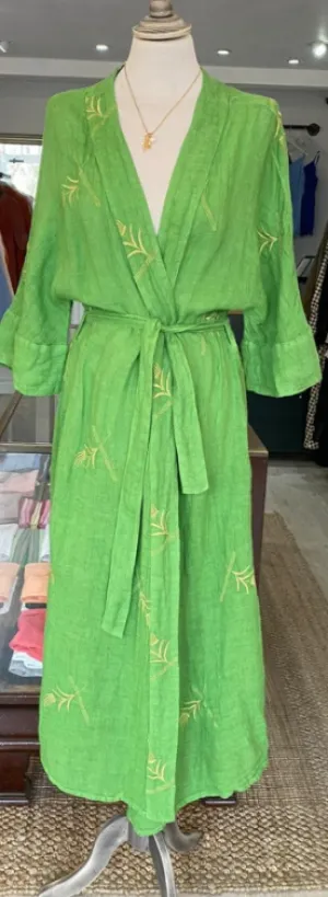 Embroidered Linen Gauze Kimono with Batwing Sleeves- Avocado Green SALE