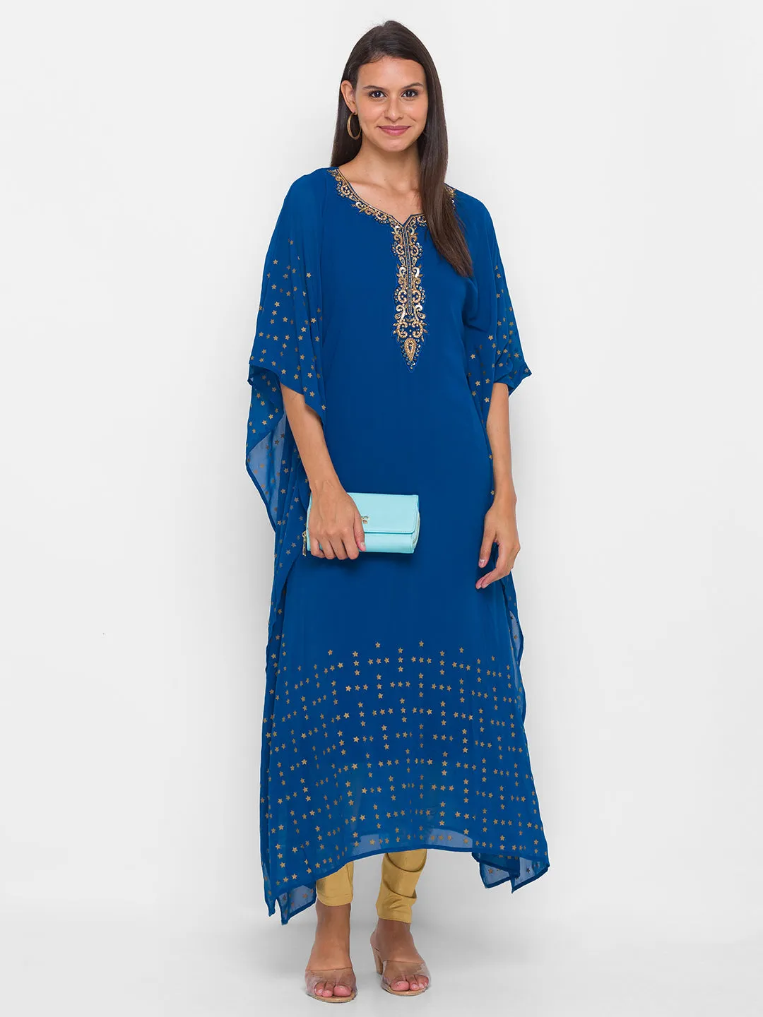 Georgette Teal Embellishment with Foil Print Ethnic Wear Kaftan for Women - ZOLA