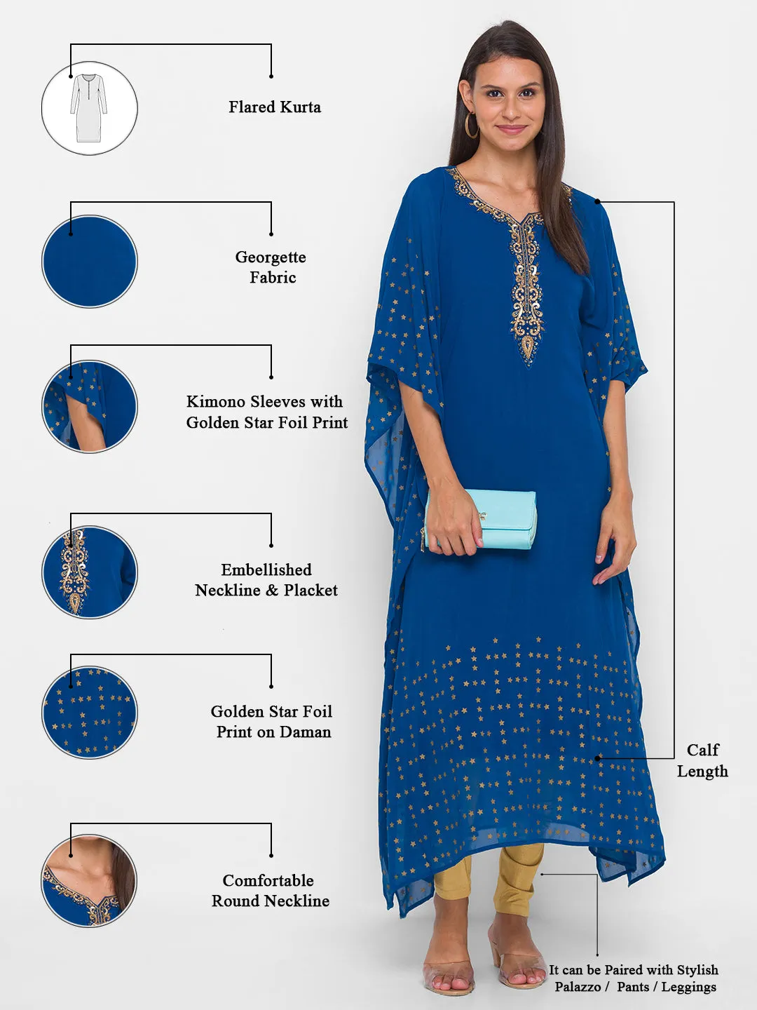 Georgette Teal Embellishment with Foil Print Ethnic Wear Kaftan for Women - ZOLA