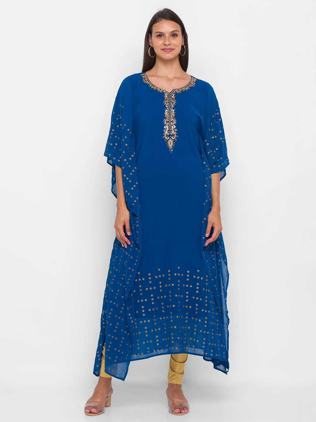 Georgette Teal Embellishment with Foil Print Ethnic Wear Kaftan for Women - ZOLA