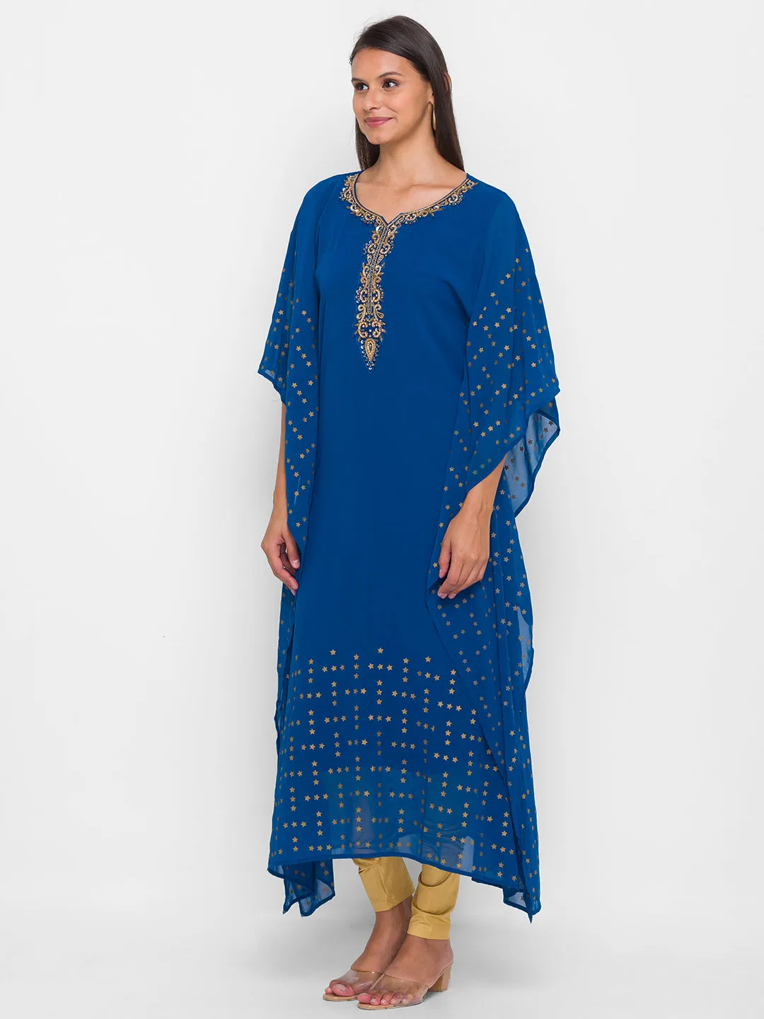Georgette Teal Embellishment with Foil Print Ethnic Wear Kaftan for Women - ZOLA