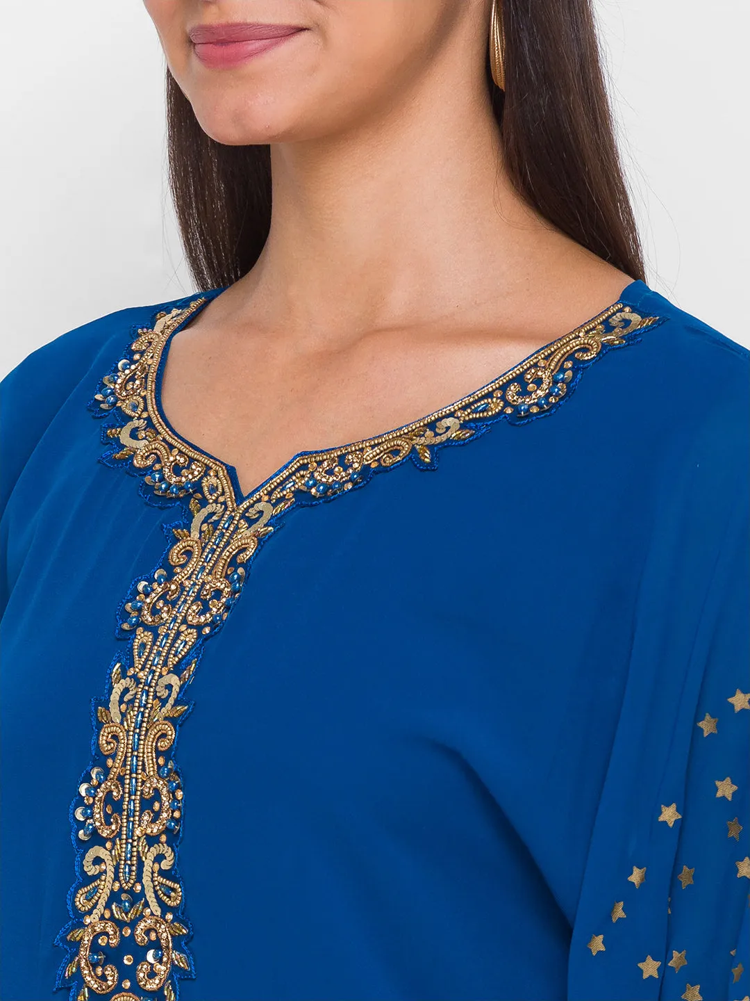 Georgette Teal Embellishment with Foil Print Ethnic Wear Kaftan for Women - ZOLA