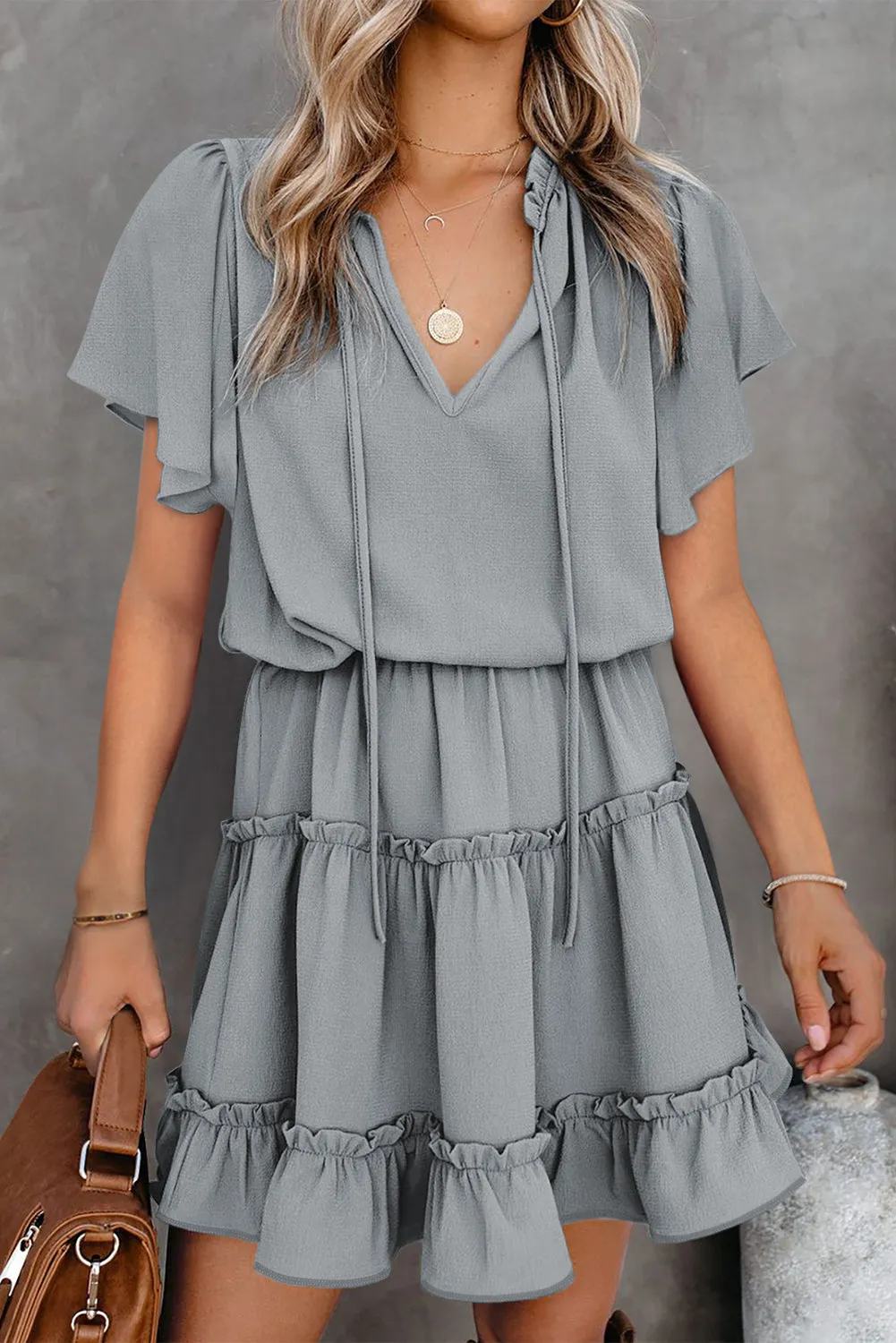 Gray V Neck Ruffled Swing Mini Dress