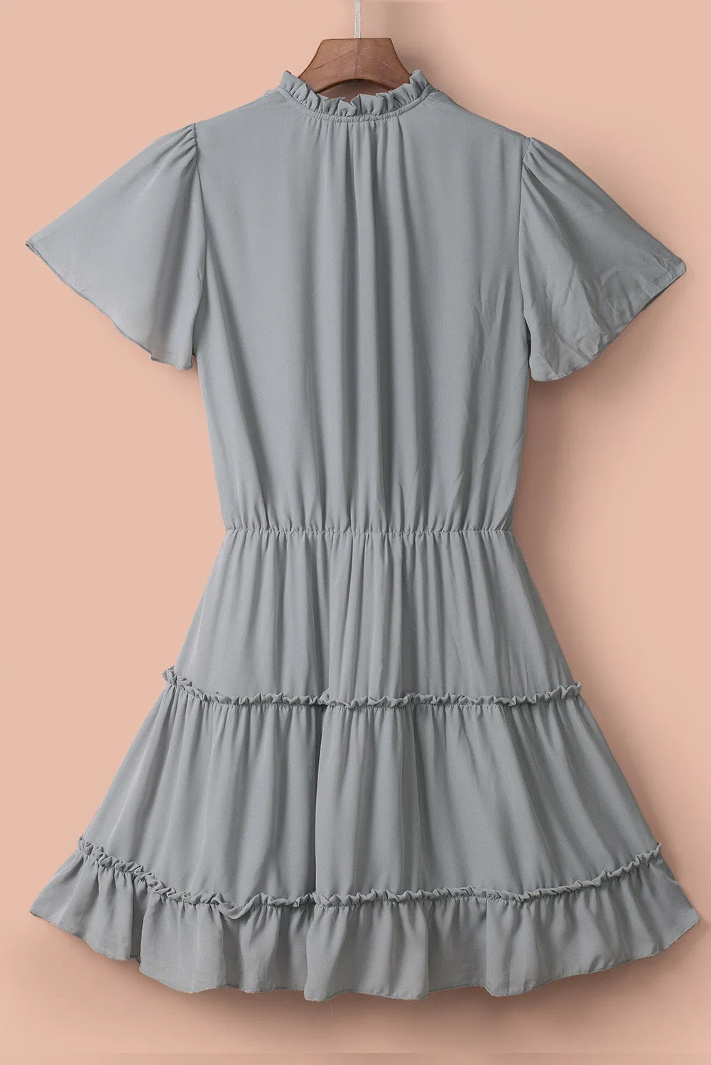 Gray V Neck Ruffled Swing Mini Dress