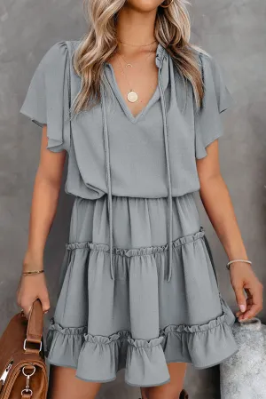 Gray V Neck Ruffled Swing Mini Dress