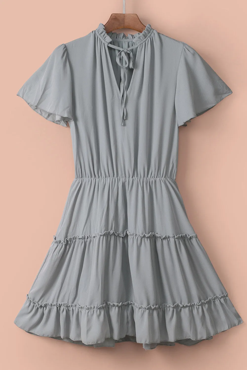 Gray V Neck Ruffled Swing Mini Dress