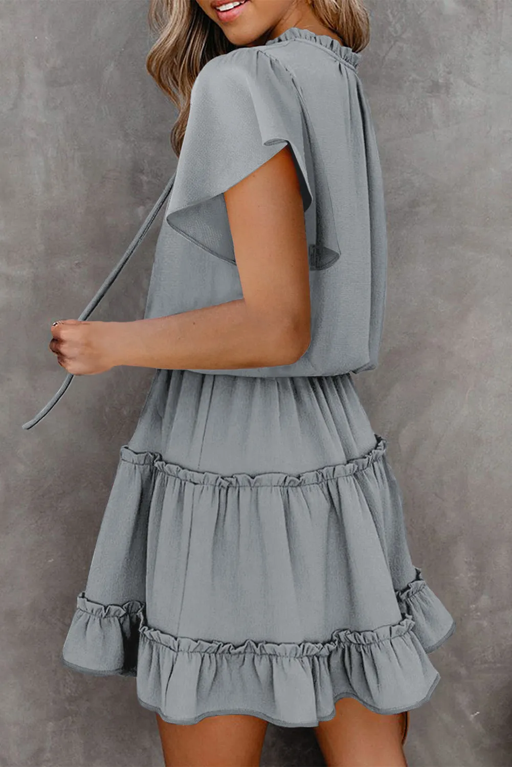 Gray V Neck Ruffled Swing Mini Dress