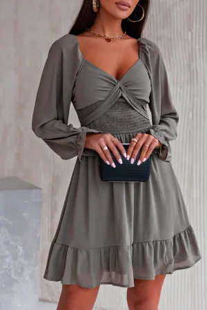 Green Long Sleeves Smocked A-line Dress