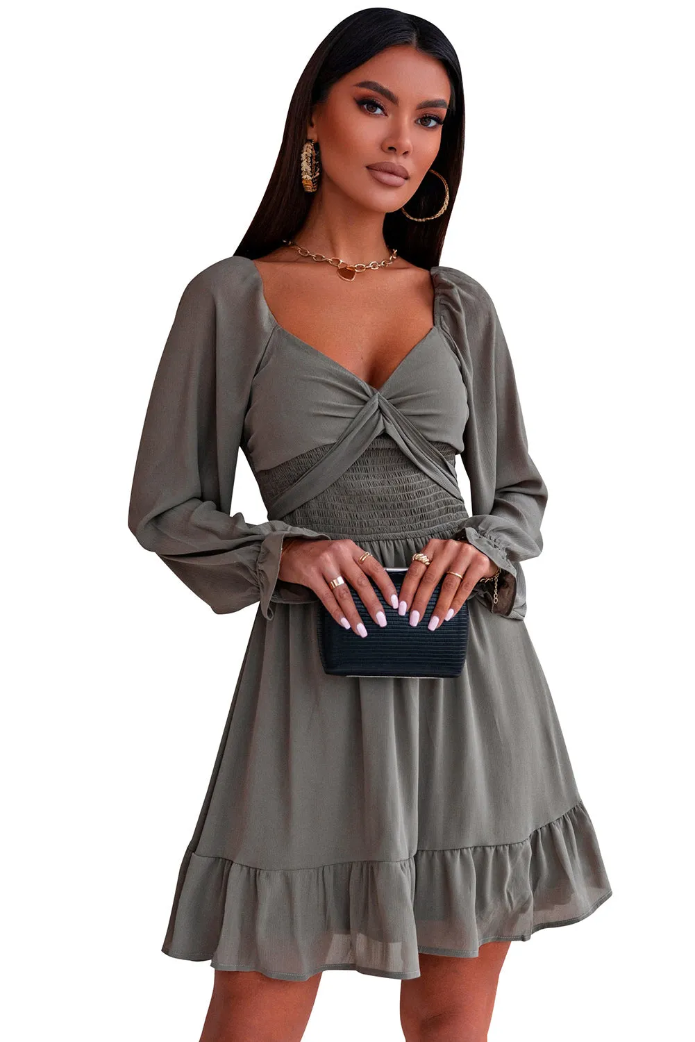 Green Long Sleeves Smocked A-line Dress