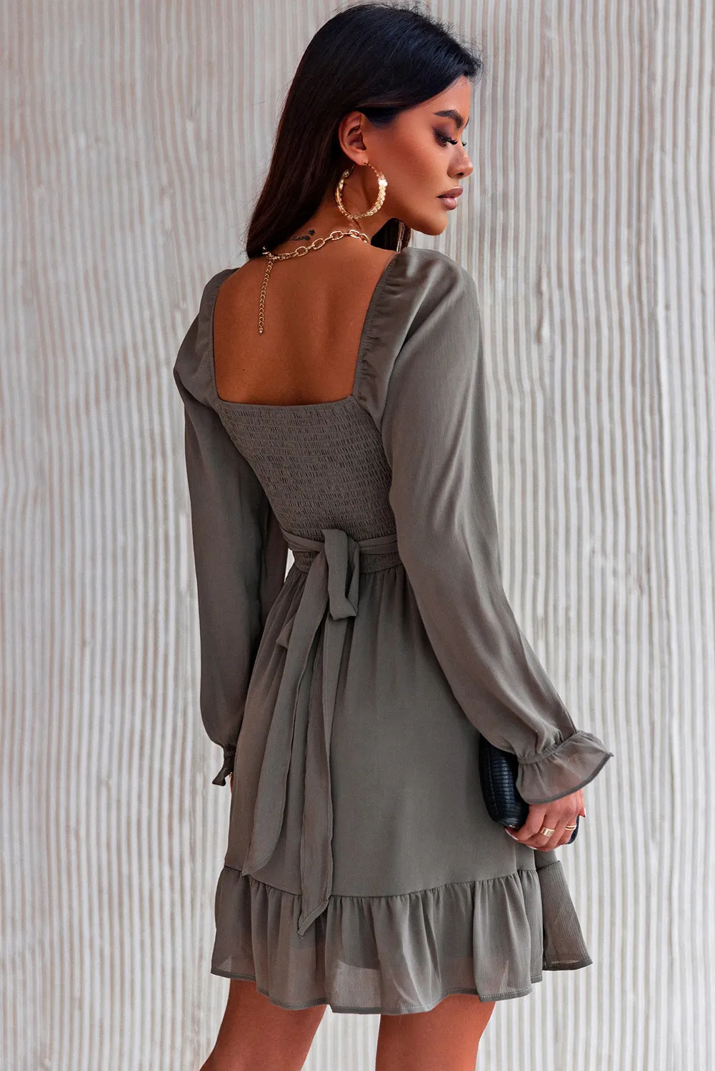 Green Long Sleeves Smocked A-line Dress