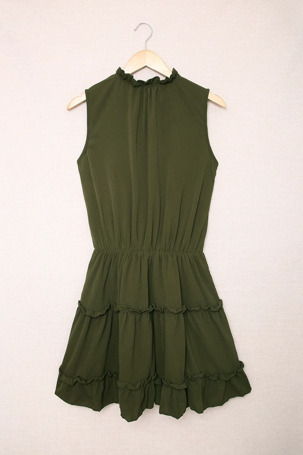 Green Sleeveless V Neck Ruffled Swing Mini Dress