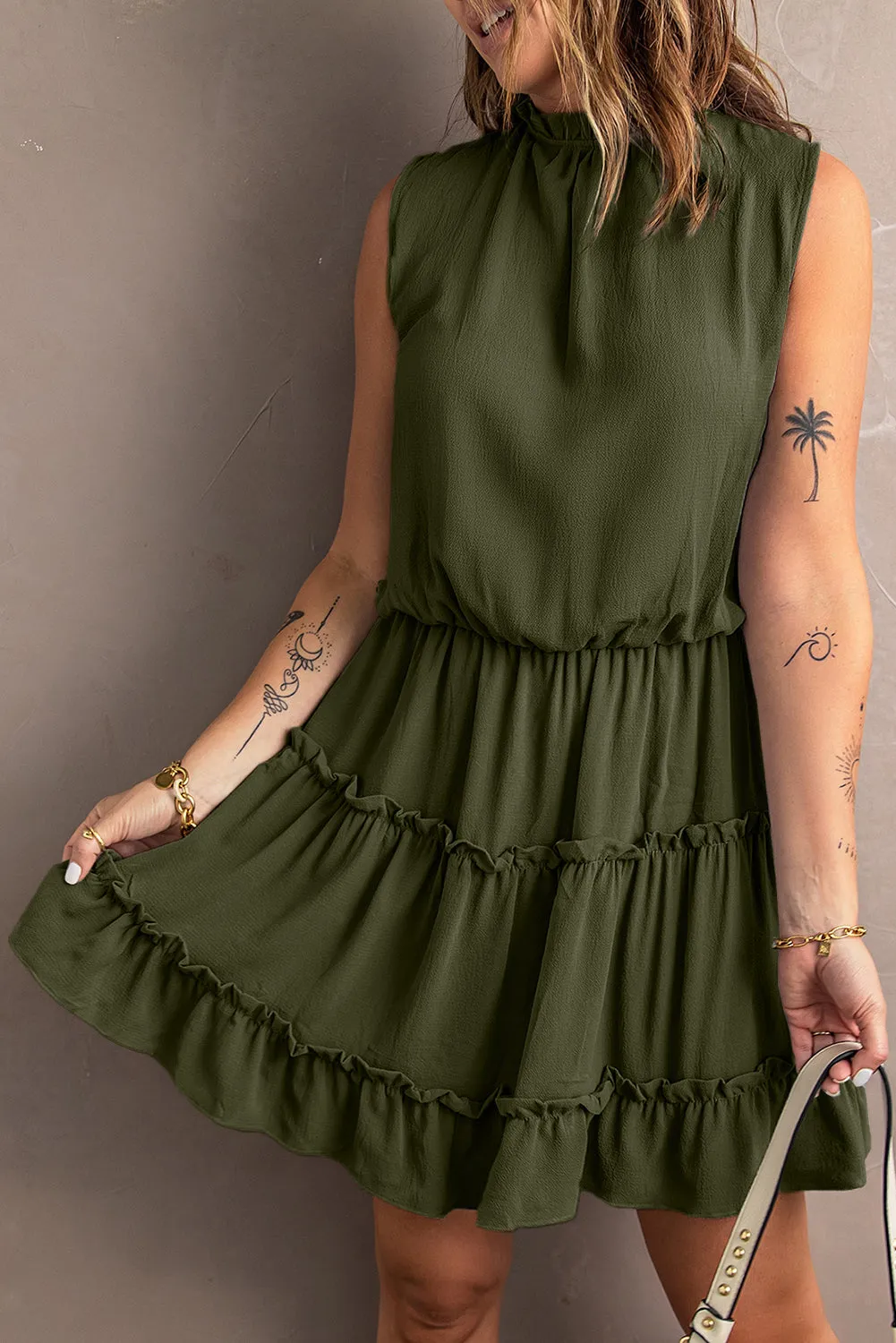 Green Sleeveless V Neck Ruffled Swing Mini Dress