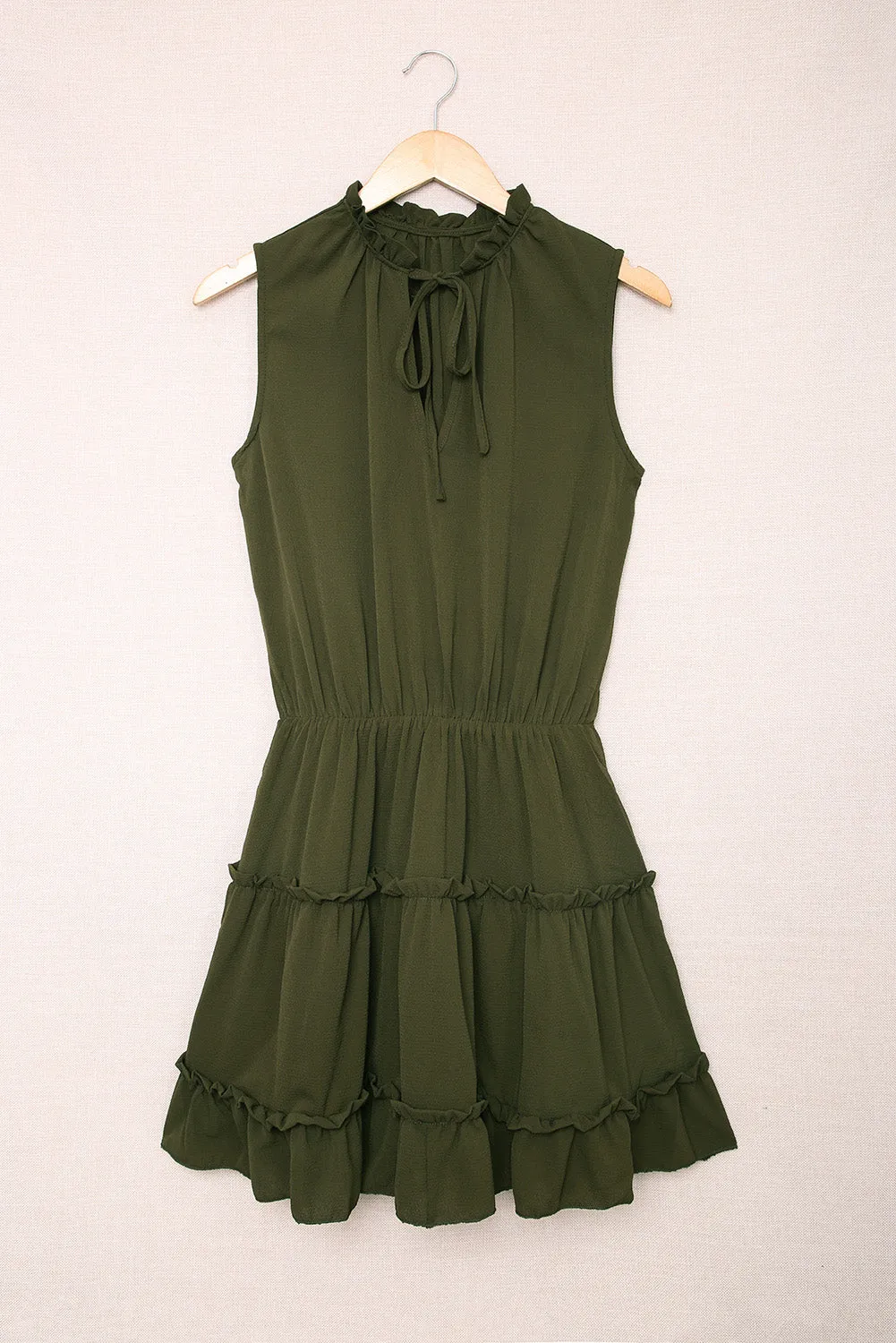 Green Sleeveless V Neck Ruffled Swing Mini Dress