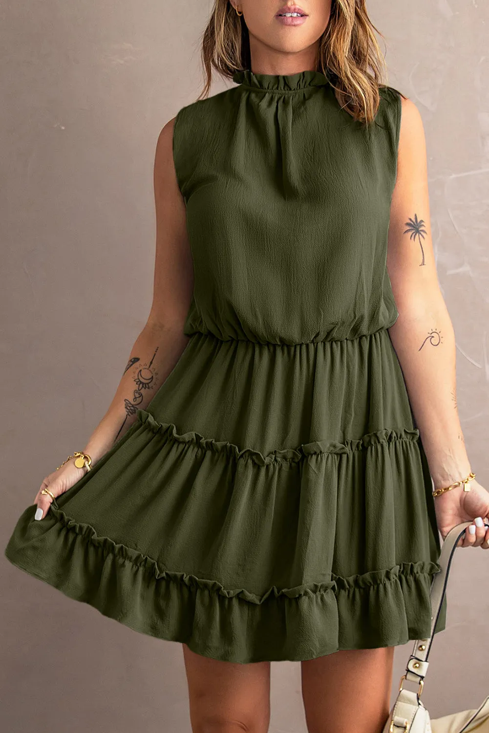 Green Sleeveless V Neck Ruffled Swing Mini Dress