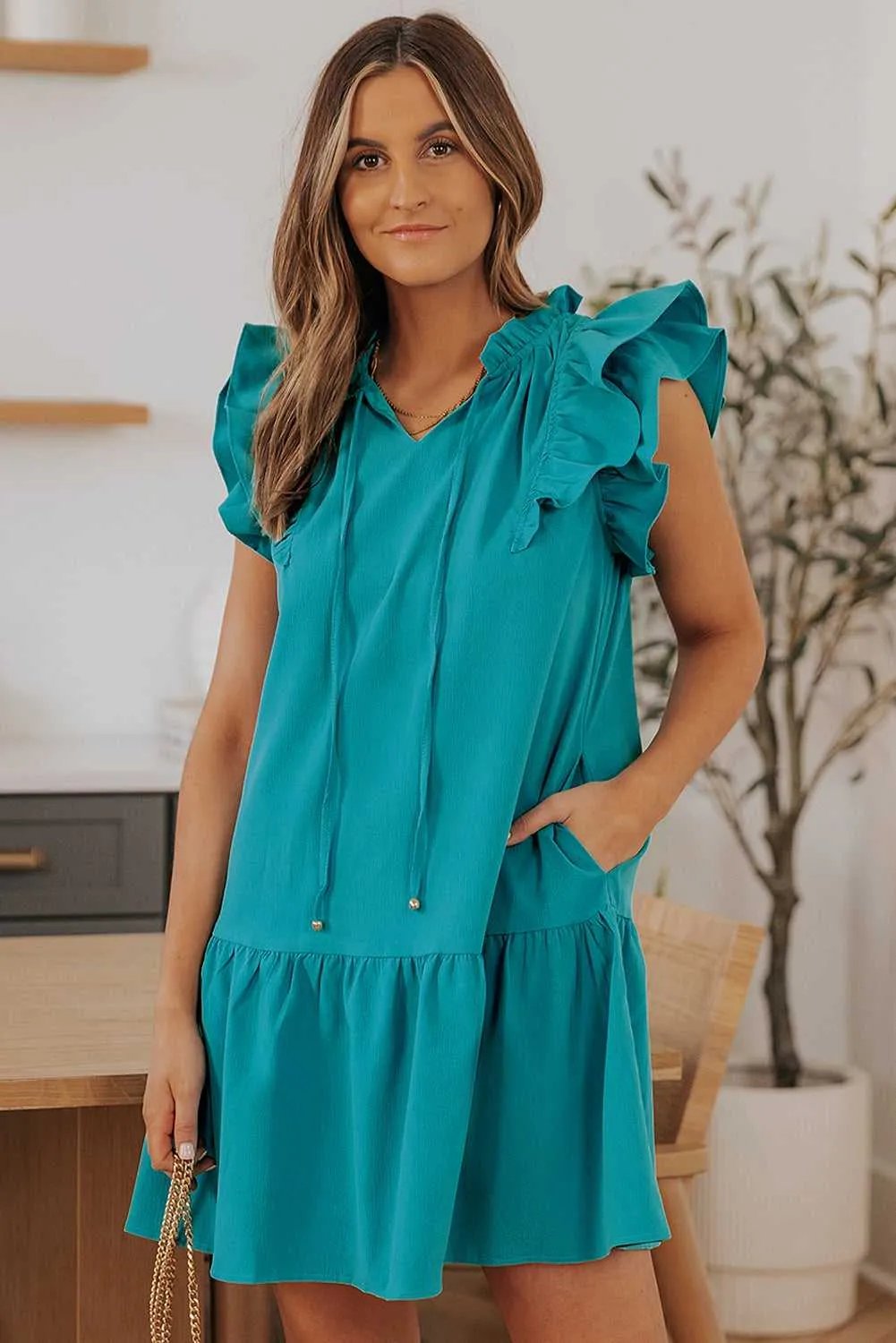 Green Tiered Ruffled Sleeves Mini Dress with Pockets
