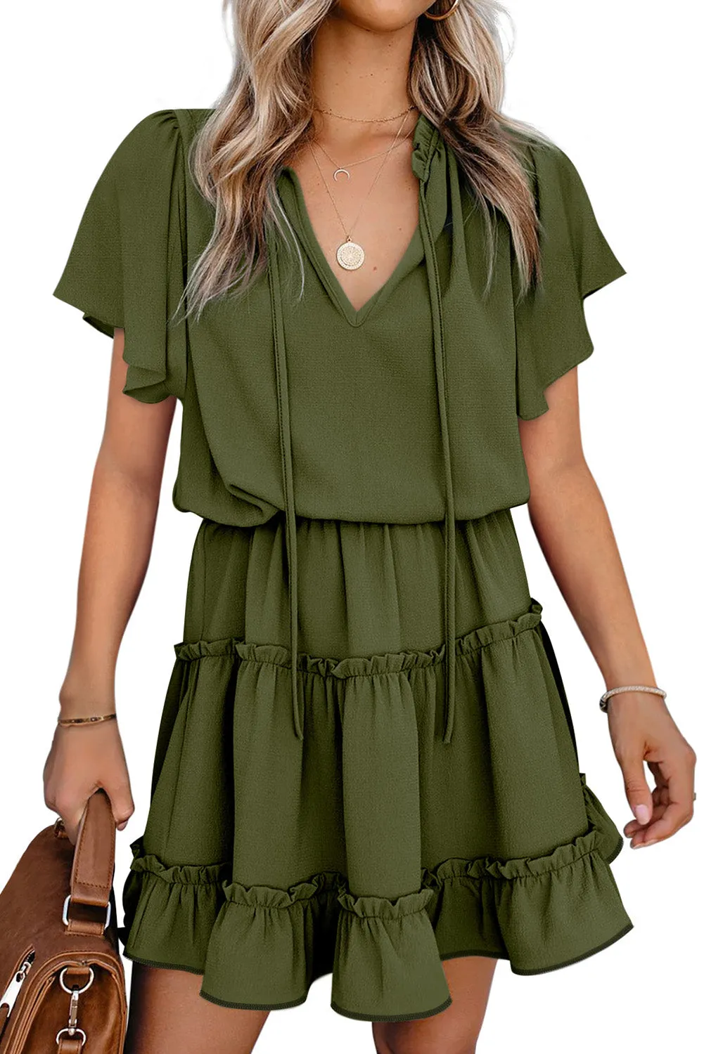 Green V Neck Ruffled Swing Mini Dress