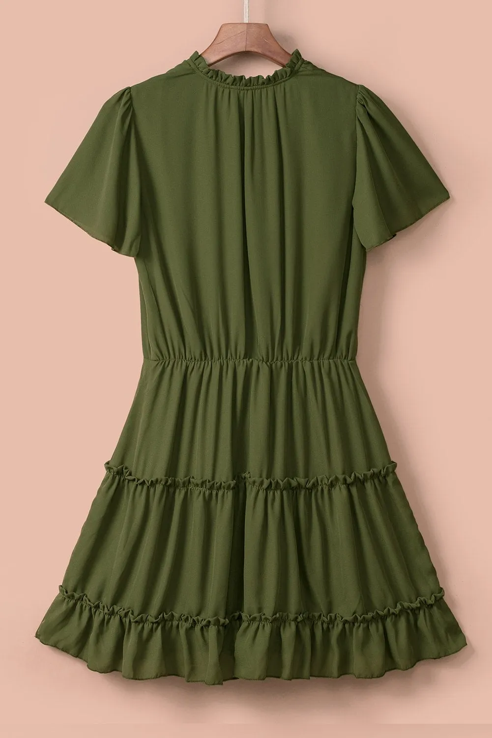Green V Neck Ruffled Swing Mini Dress