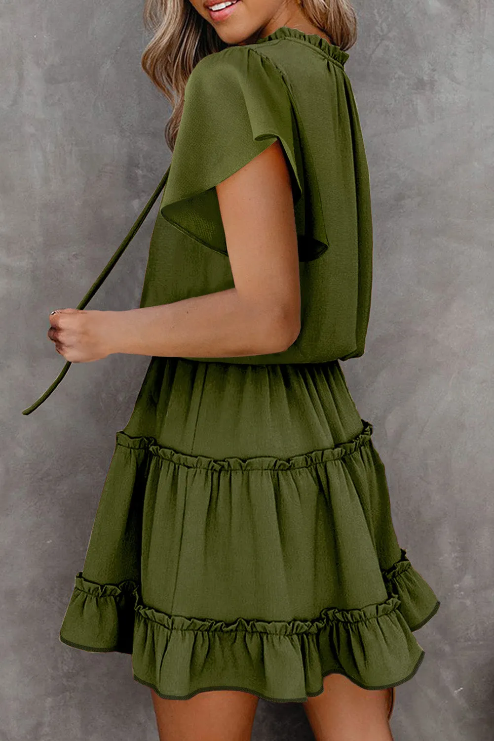 Green V Neck Ruffled Swing Mini Dress