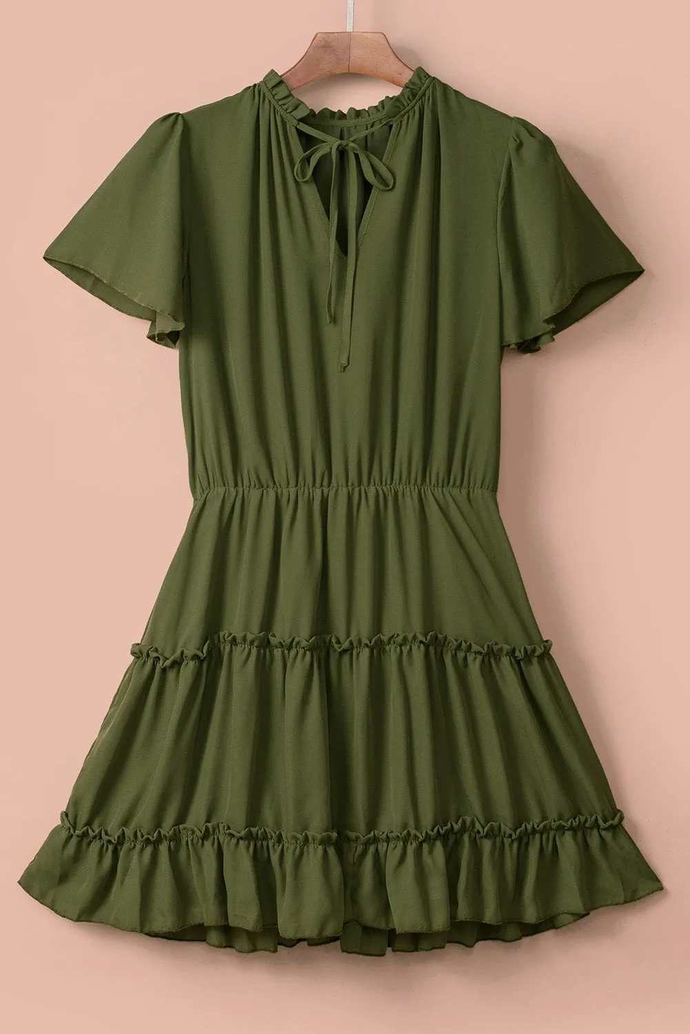 Green V Neck Ruffled Swing Mini Dress
