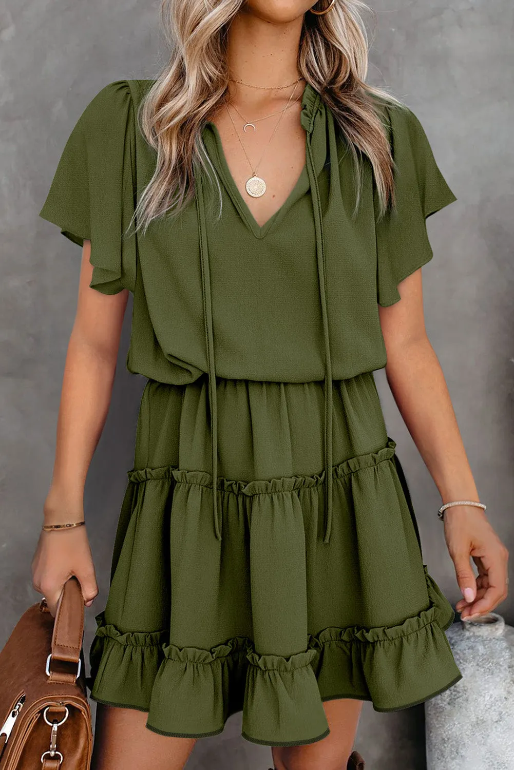 Green V Neck Ruffled Swing Mini Dress