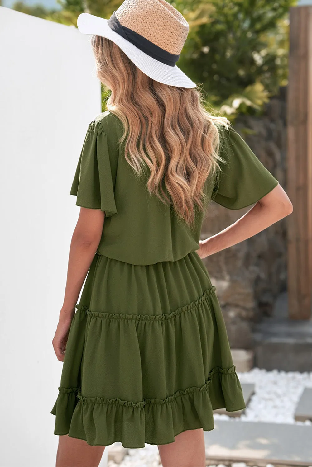 Green V Neck Ruffled Swing Mini Dress