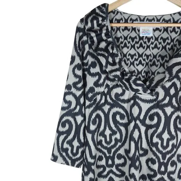 Gretchen Scott Dress Medium Black White Ikat Stretchy Career Coastal Designer