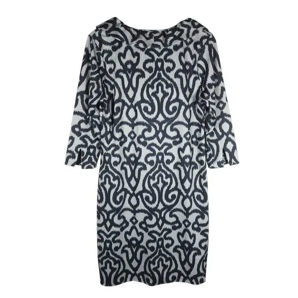 Gretchen Scott Dress Medium Black White Ikat Stretchy Career Coastal Designer