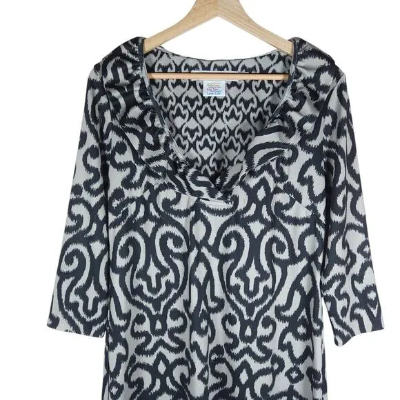 Gretchen Scott Dress Medium Black White Ikat Stretchy Career Coastal Designer