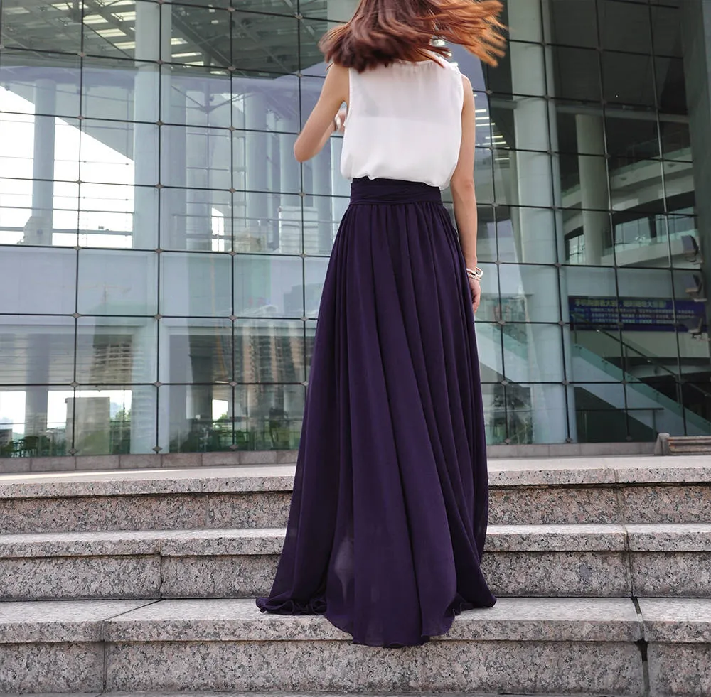 High Waist Maxi Skirt Chiffon Silk Skirts Beautiful Bow Tie Elastic Waist Summer Skirt Floor Length Long Skirt (037), #69