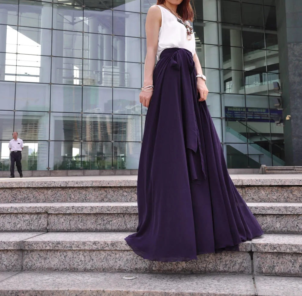 High Waist Maxi Skirt Chiffon Silk Skirts Beautiful Bow Tie Elastic Waist Summer Skirt Floor Length Long Skirt (037), #69